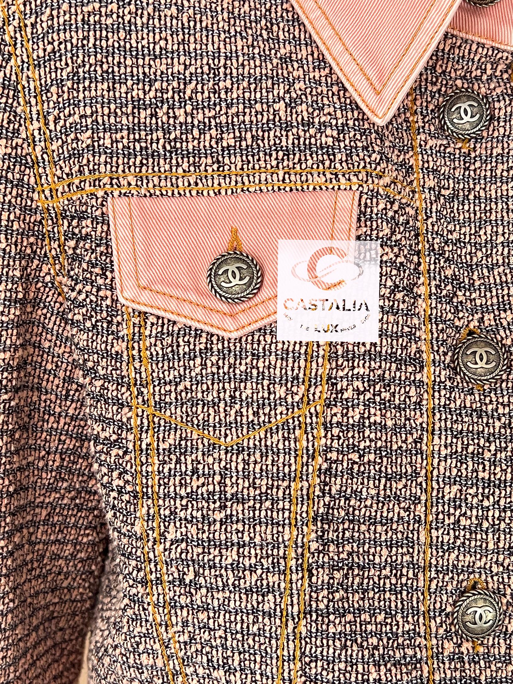 Chanel Iconic Ad Campaigner Giacca in tweed e denim rosa 38 FR in vendita 3