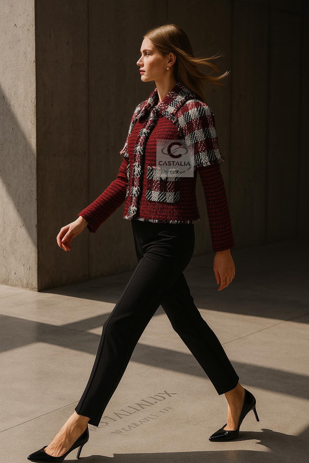 Chaqueta de tweed burdeos estilo Chanel Iconic Anna Wintour 34 FR en venta 4