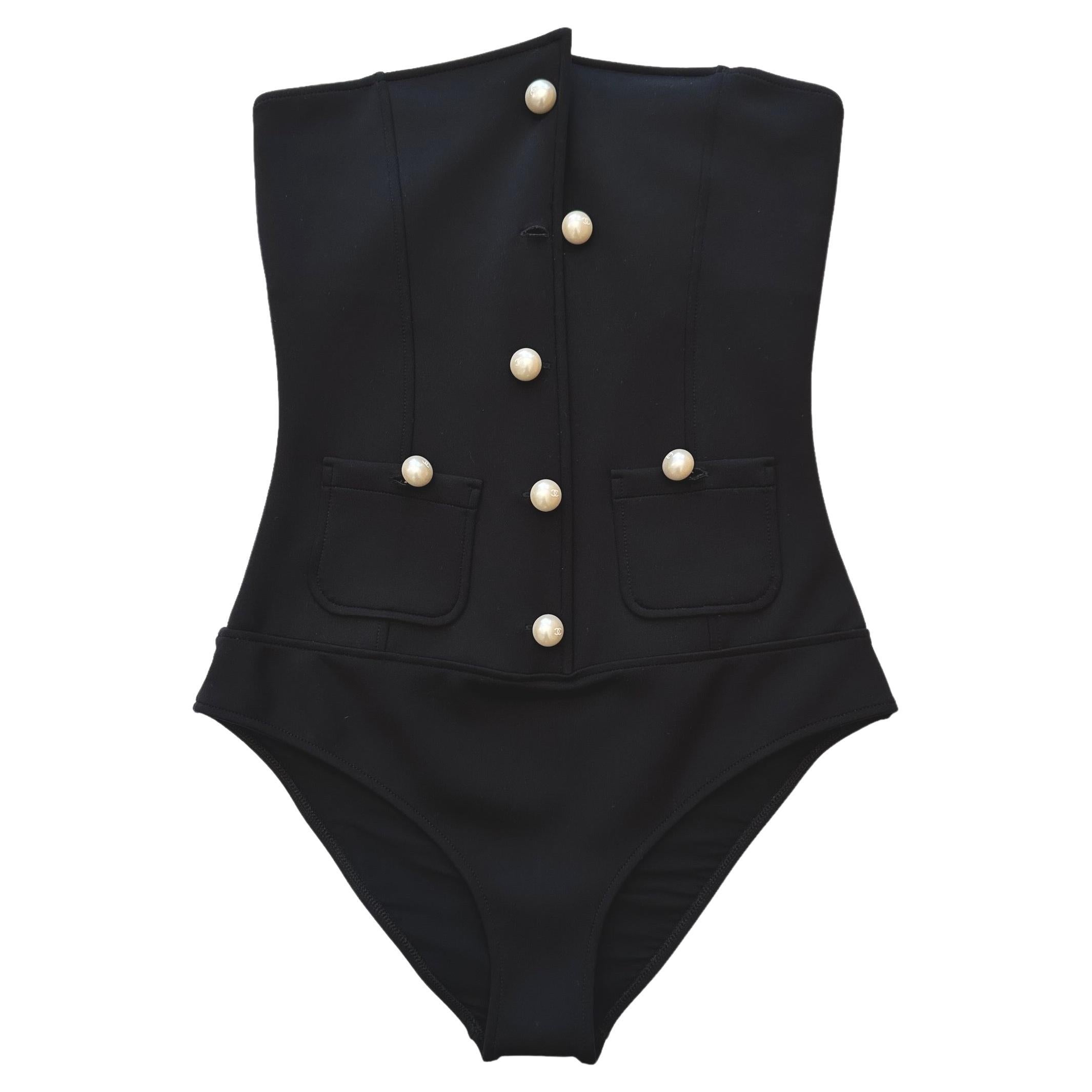 Chanel Iconic Black Body One-Piece Swimsuit For Sale at 1stDibs