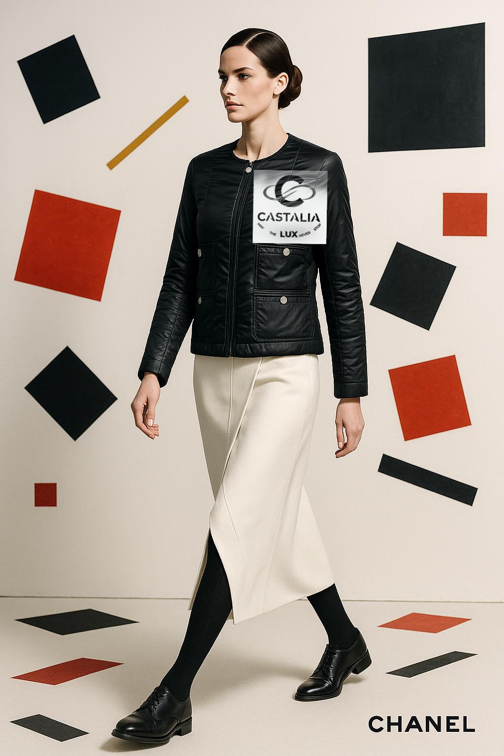 Chanel Iconic Schwarz Leichtgewicht-Pufferjacke

~ Eine urbane Träumerei, geboren aus der Tradition der zeitlosen schwarzen Tweedjacke von Chanel
Dieser leichte Puffer ist eine moderne Ode an den alpinen Après-Ski-Glamour und den eleganten Rhythmus