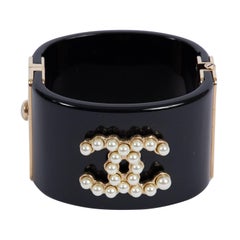 Chanel Iconic Black & Pearl CC Logo Cuff Bracelet