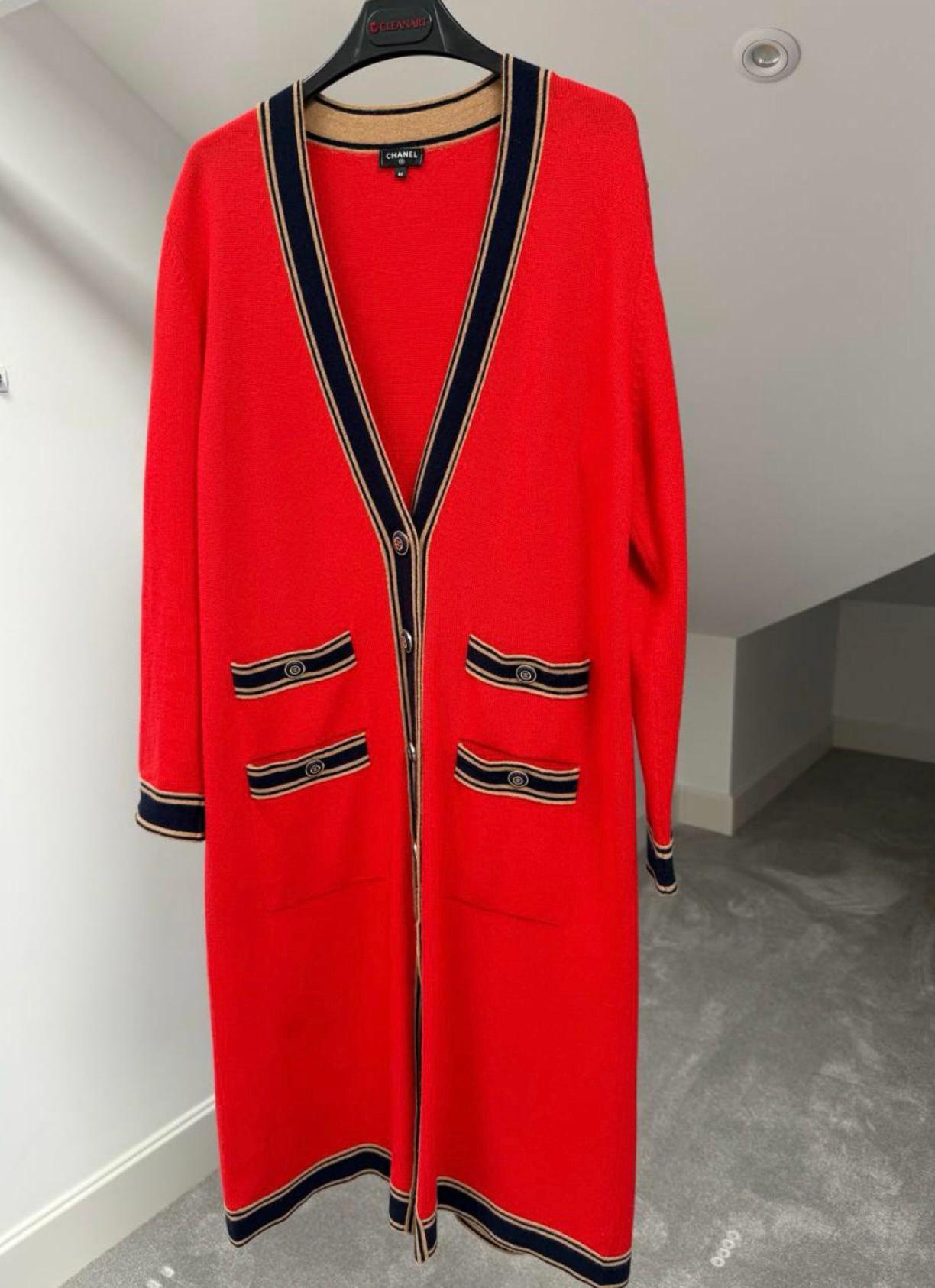 Chanel Iconic CC Buttons Red Maxi Cashmere Cardigan 46 FR 6