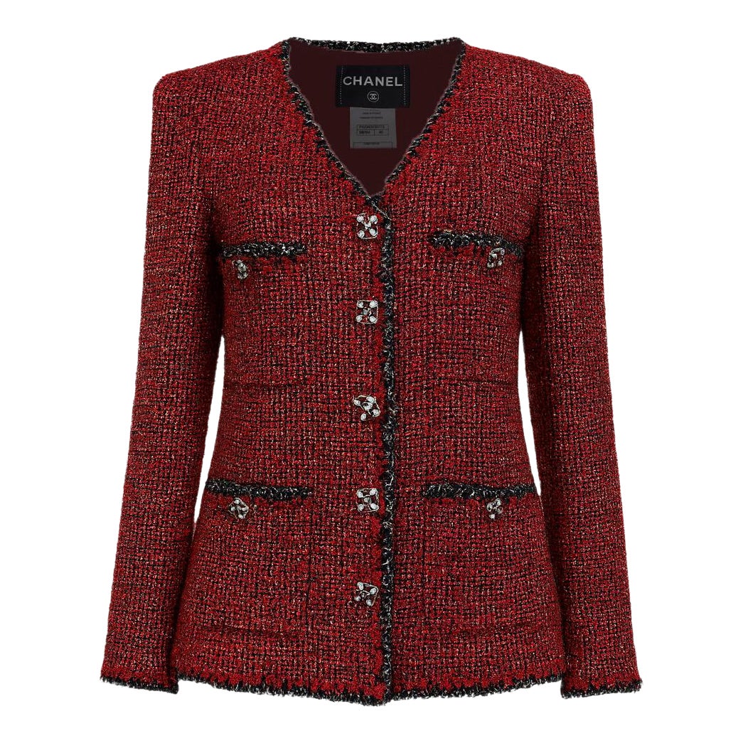 CHANEL Iconic CC Gripoix Buttons Burgundy Tweed Jacket 40 FR