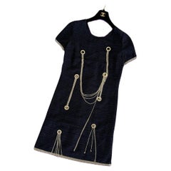 Chanel Iconic CC Logo Chains Black Tweed Dress 48 FR
