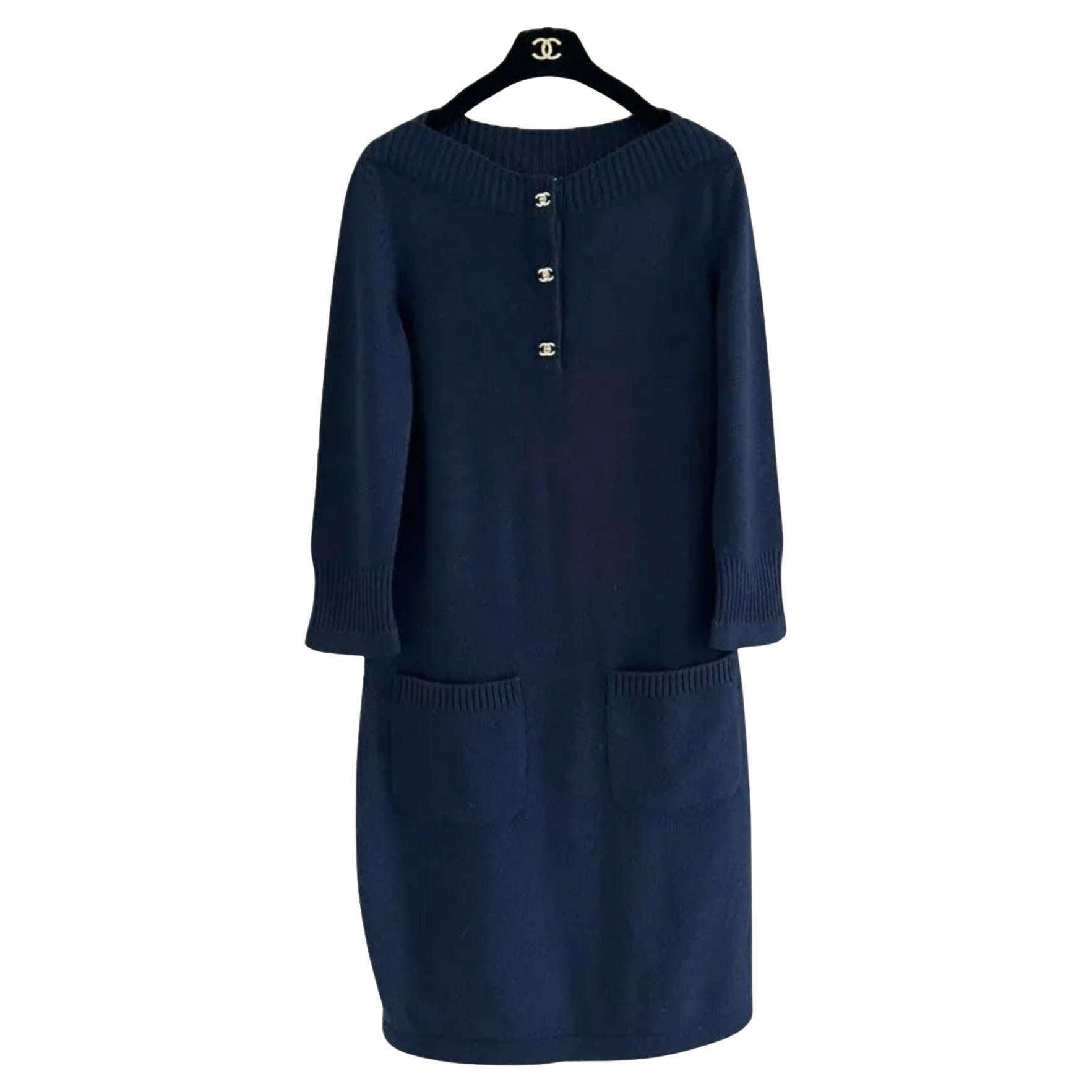 Chanel Iconic CC Turnlock Navy Cashmere Dress For Sale