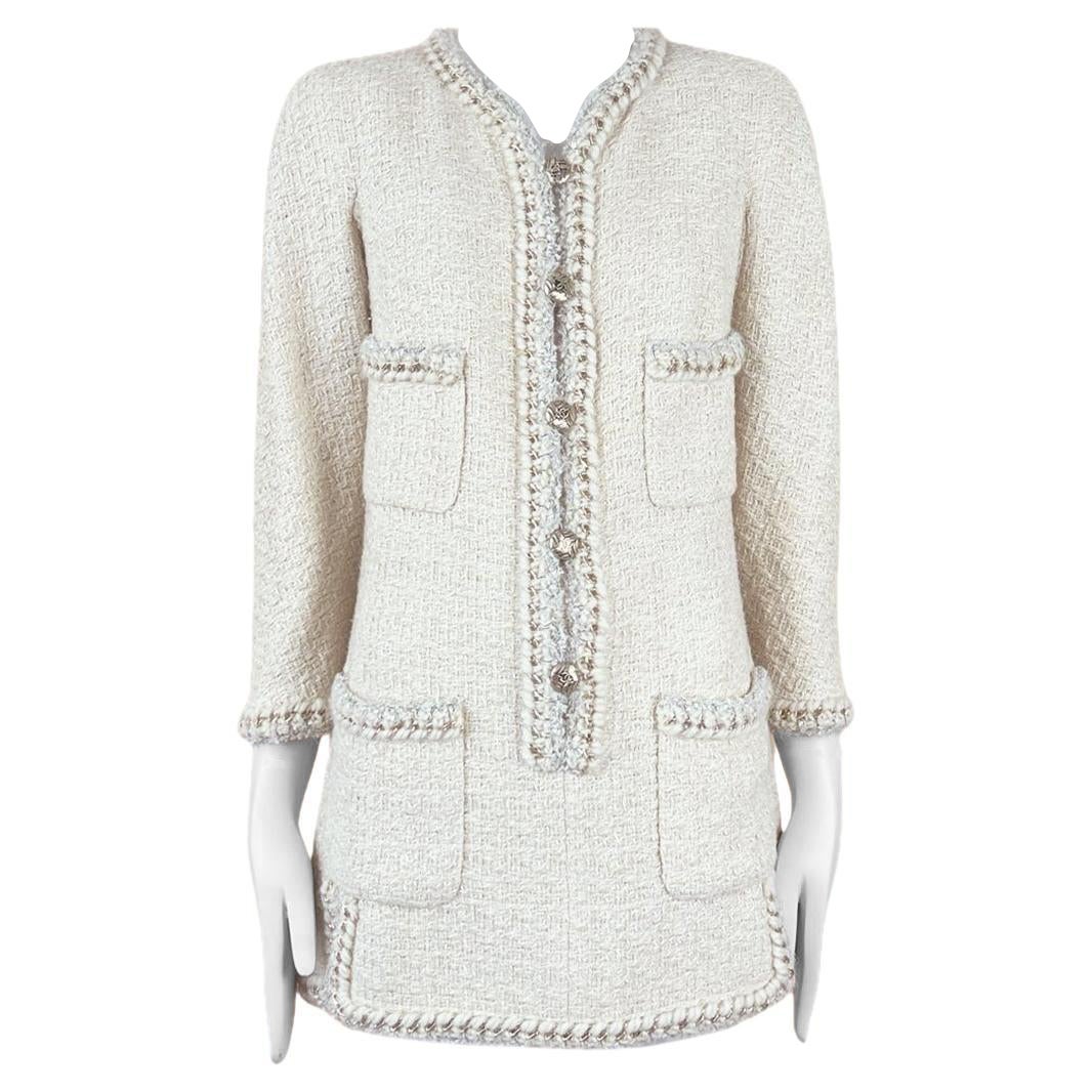 CHANEL – Kultiges, mit Ketten verziertes Kleid aus Ecru-Tweed, Größe 36 FR