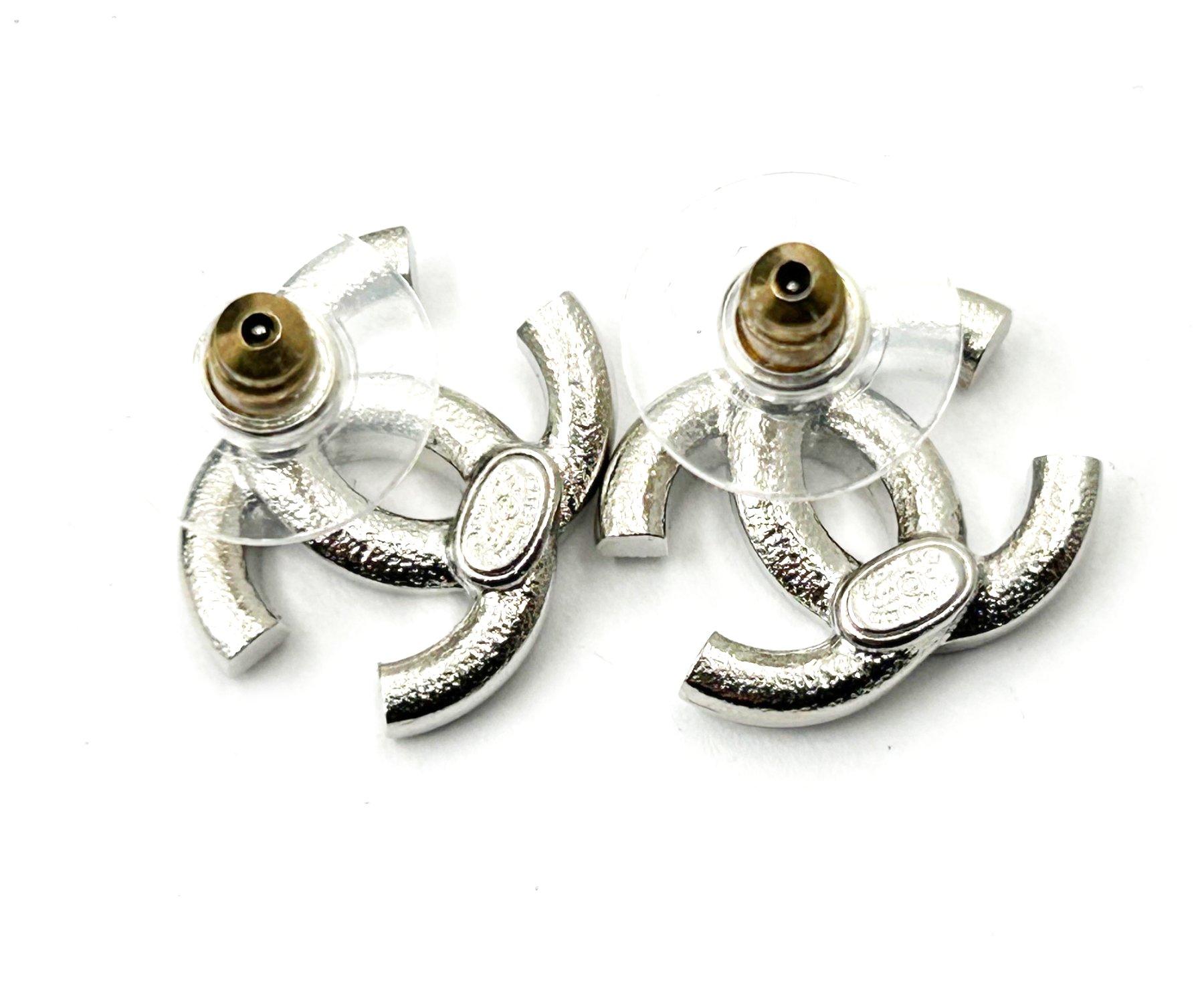 Women's Chanel Iconic Classic Silver CC Crystal Reissued Stud Medium Piercing Earrings   For Sale