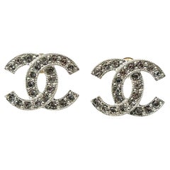 Chanel Iconic Classic Silver CC Crystal Reissued Stud Medium Piercing Earrings  