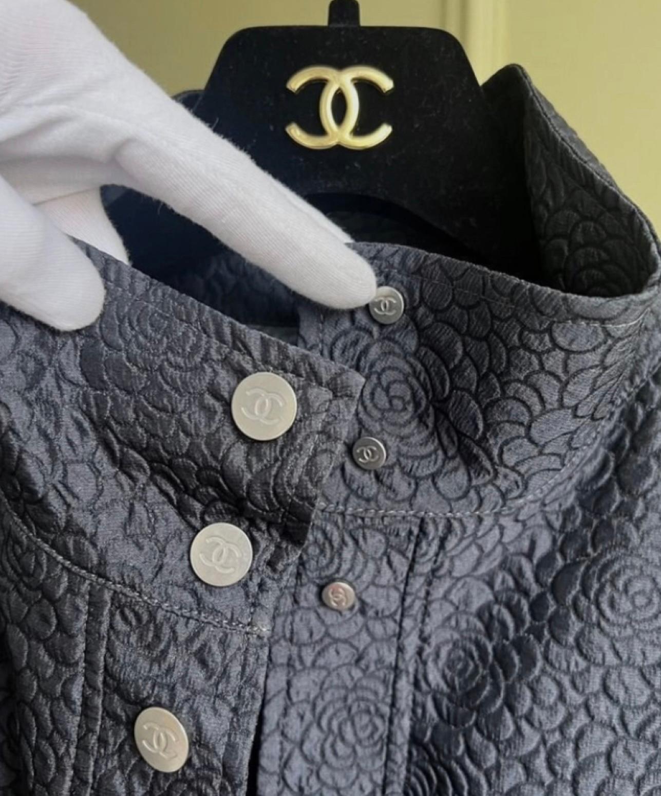 Black Chanel Iconic Cocoon Coat with Camellias Pattern 36 FR