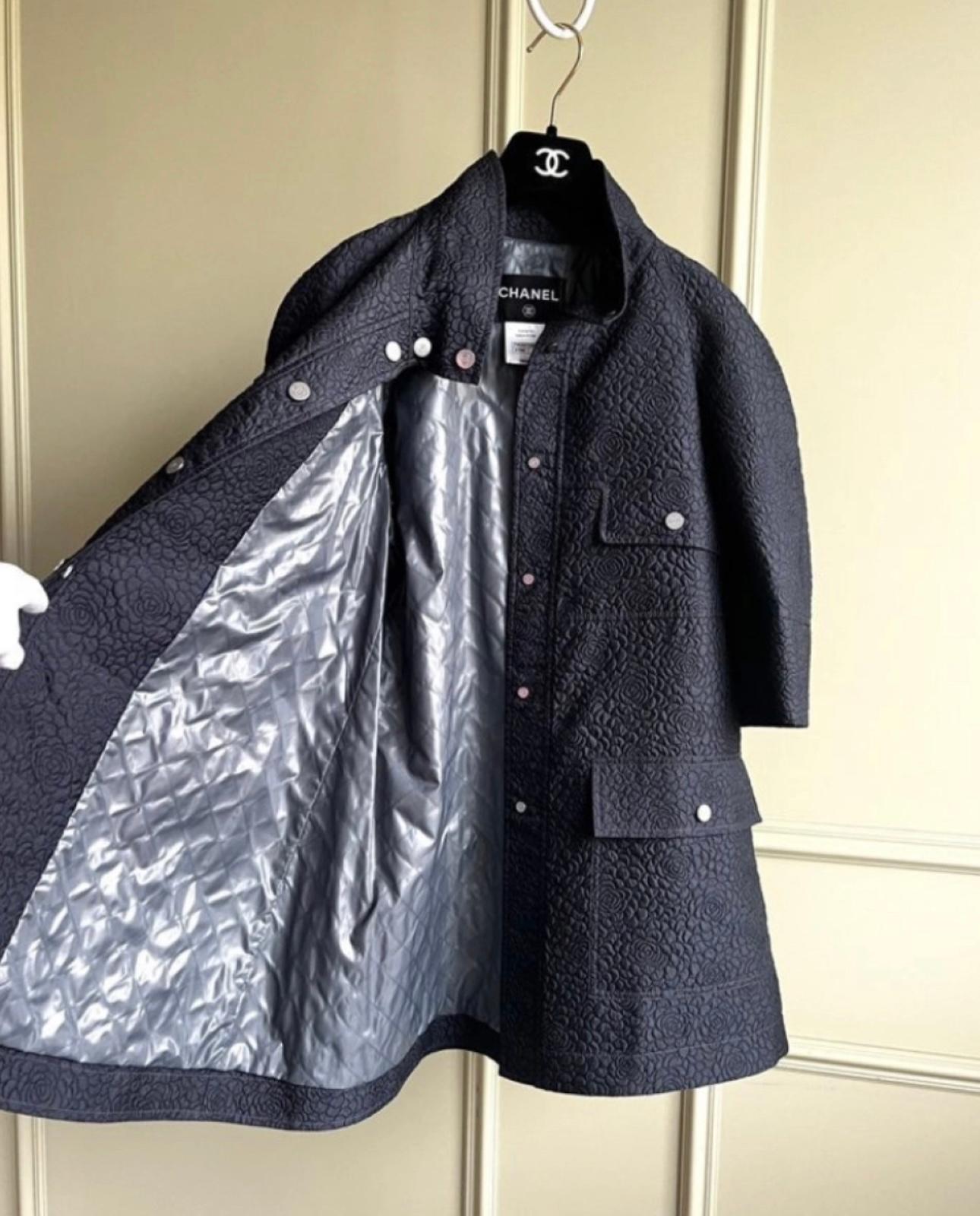 Chanel Iconic Cocoon Style Black Coat with Camellias Pattern For Sale 7