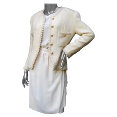 Chanel Iconic Cream Wool & Silk Jacket Blouse Skirt Ensemble c 1980s 