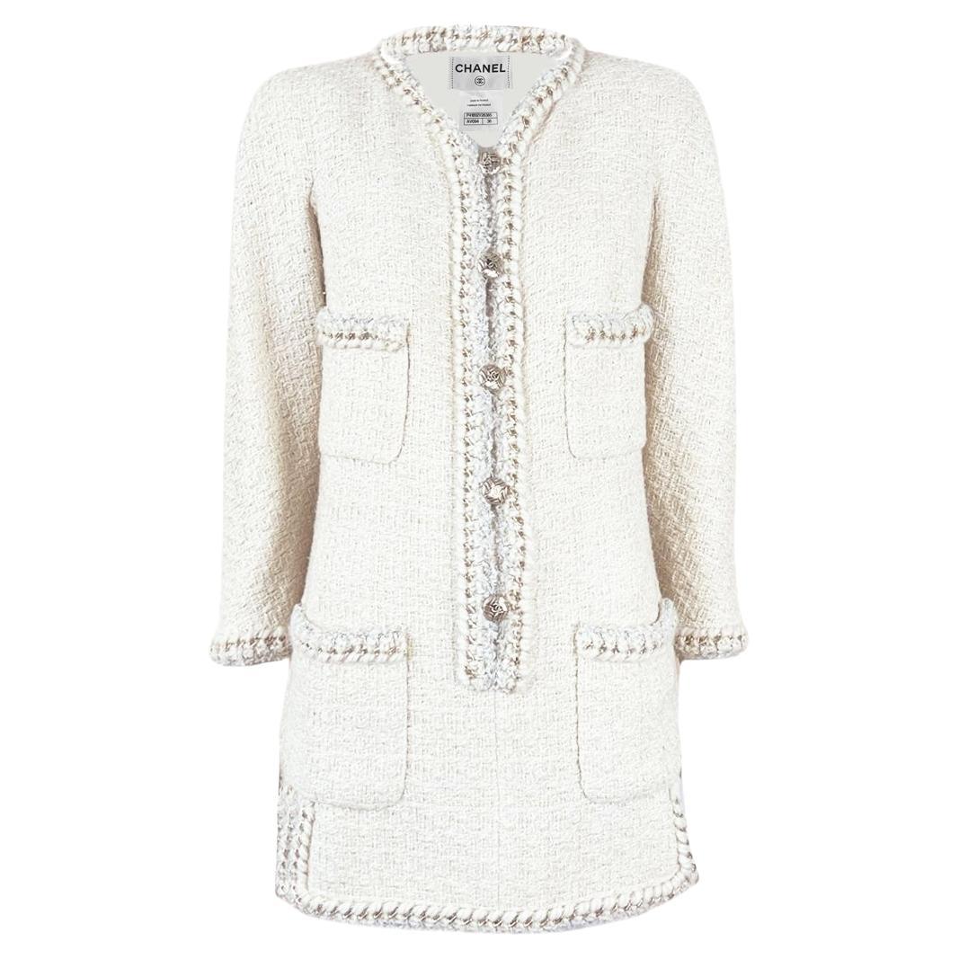 Chanel Iconic Ecru Tweed Dress with Chain Link Trim 44 FR For Sale