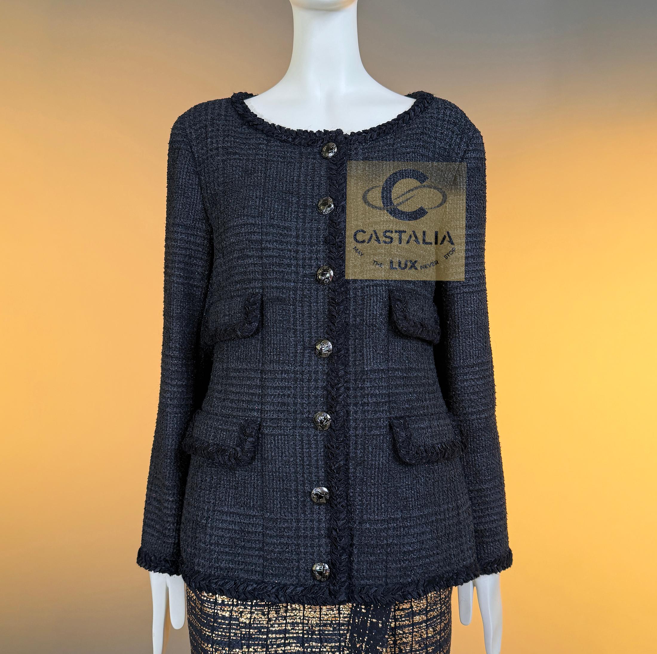 CHANEL Campaña publicitaria globalización icónica Chaqueta de tweed negra 42 FR en venta 3