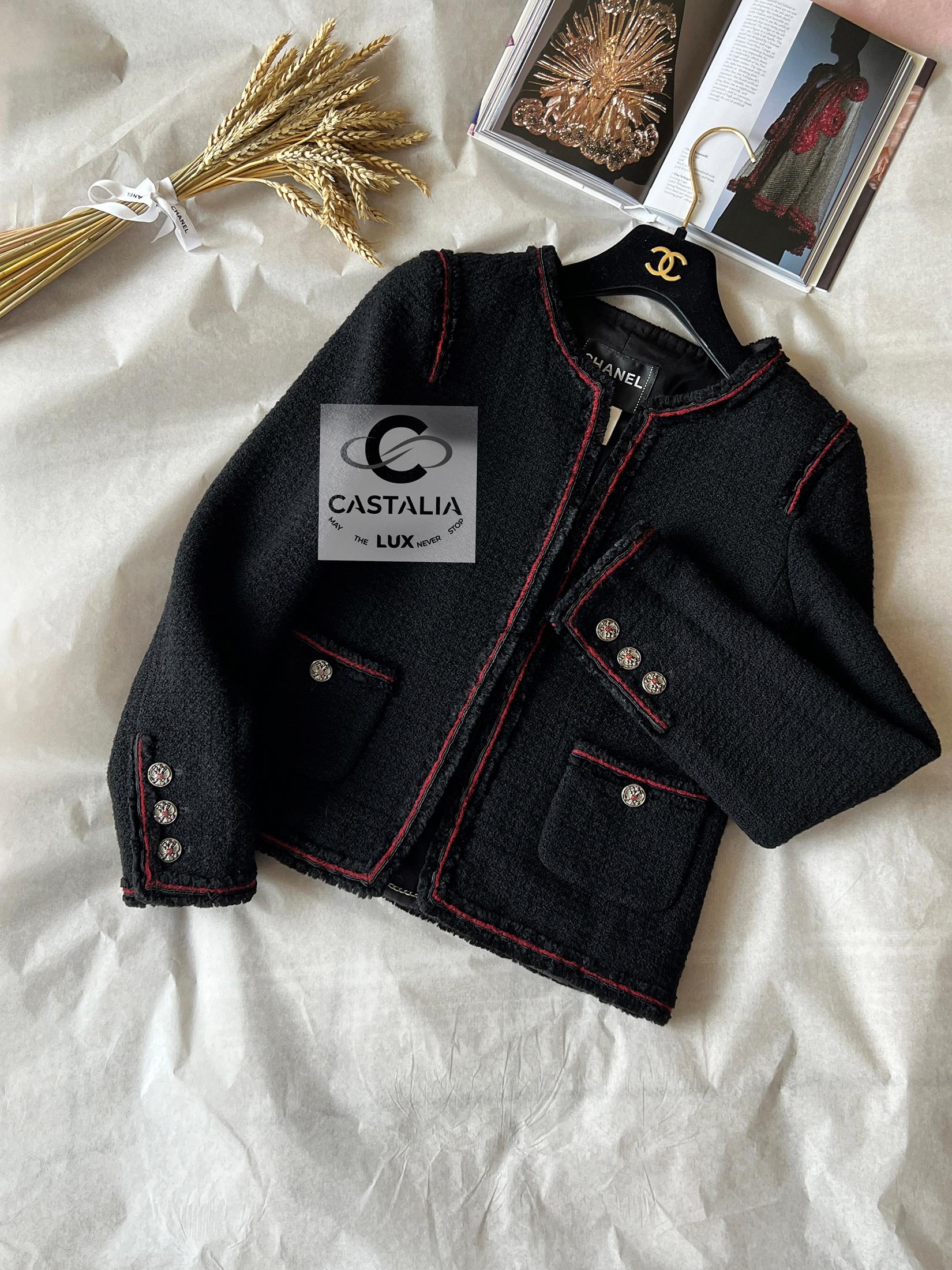 Chanel Icónica Chaqueta de Tweed Negra Estilo Kate Moss 42 FR 2