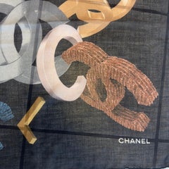 Chanel Iconic Logo Scarf in Silk and Cashmere, Black Graphic Print