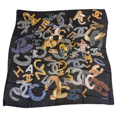 Chanel Iconic Logo Scarf in Silk and Cashmere, Black Graphic Print