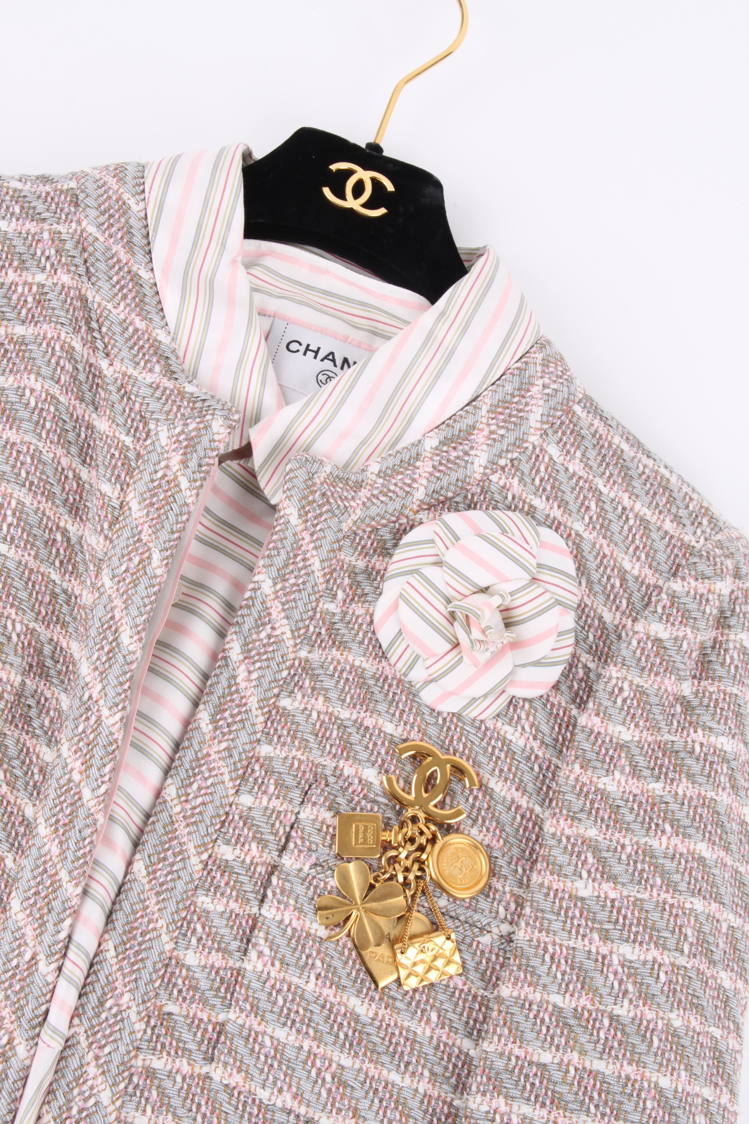 Sweet! This is the Chanel Iconic Lucky Charm Brooch, a vintage item!

An interlocking CC logo on top, the pin is attached on the back. Underneath five dangling charms in different sizes. A perfume bottle, a clover, a 2.55 flap bag, a heart and a