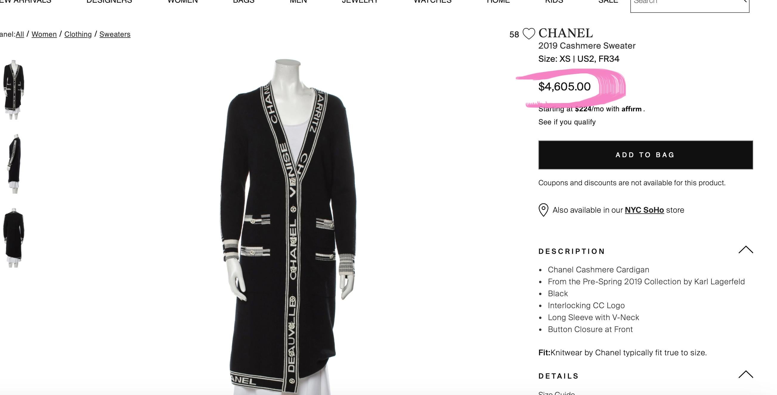 A very rare piece! Impossible to find in maxi length variant!
Same model (but shorter) prices on TRR for 4,650$ (pre-owned)
Iconic Chanel Paris / Deauville / Biarritz Maxi Cashmere Cardigan with CC logo from 2019 Spring Collection, 19P 
As seen on