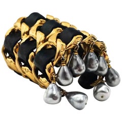 CHANEL Iconic Triple Chain Leather Pearl Drop Cuff Bracelet