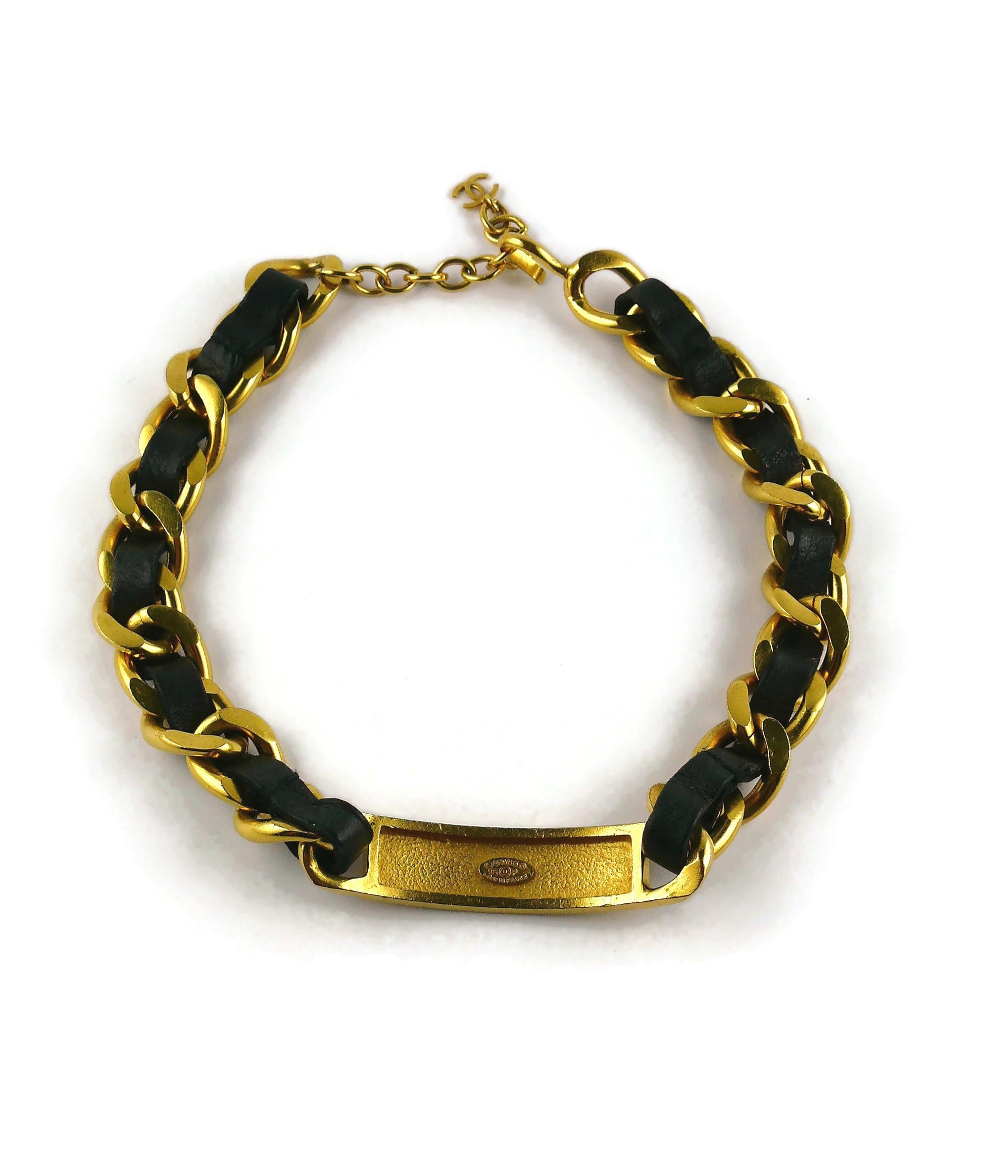 Chanel Iconic Vintage Gold Toned Chain Black Leather ID Tag Collar Necklace For Sale 3