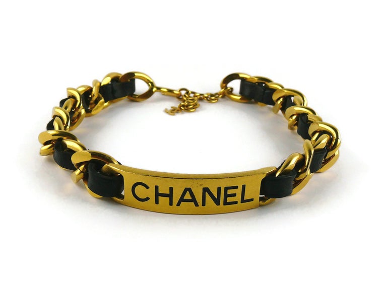 Chanel Iconic Vintage Gold Toned Chain Black Leather ID Tag Collar Necklace  For Sale at 1stDibs