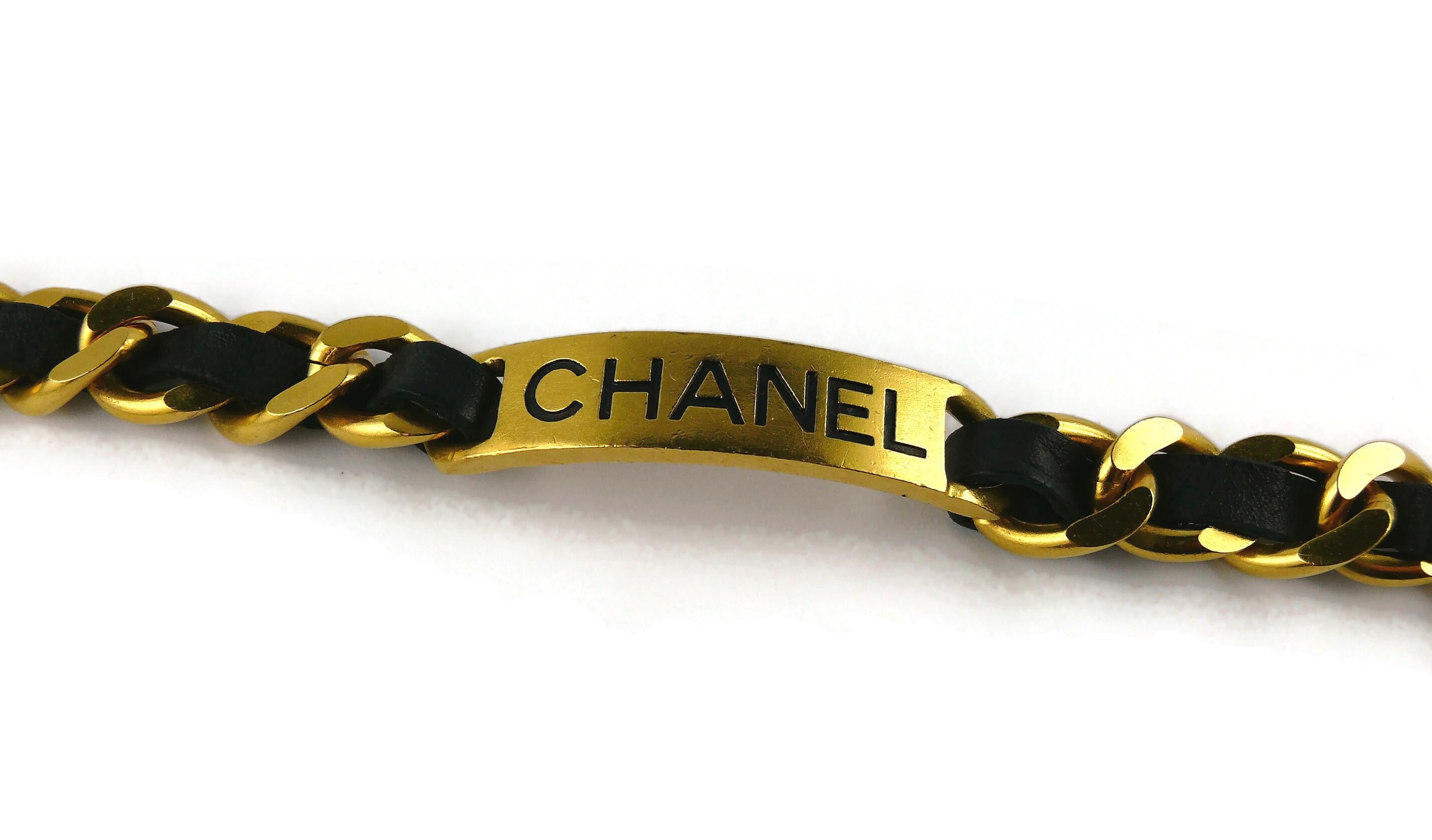 Chanel Iconic Vintage Gold Toned Chain Black Leather ID Tag Collar Necklace In Fair Condition For Sale In Nice, FR