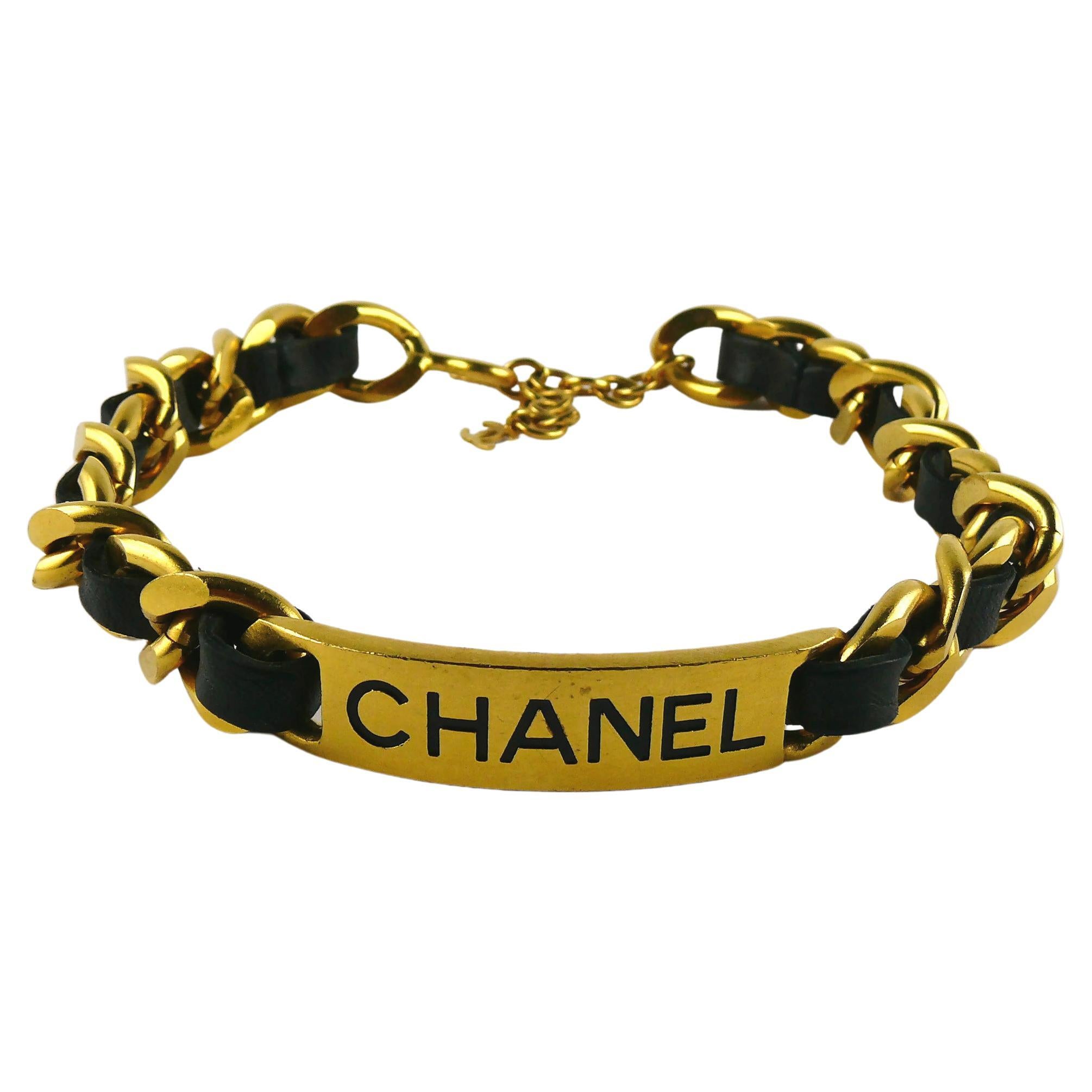 Chanel Iconic Vintage Gold Toned Chain Black Leather ID Tag Collar Necklace For Sale
