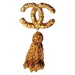Chanel IconicGold Plated CC Logo Brooch with Tassel *RARE* 1993