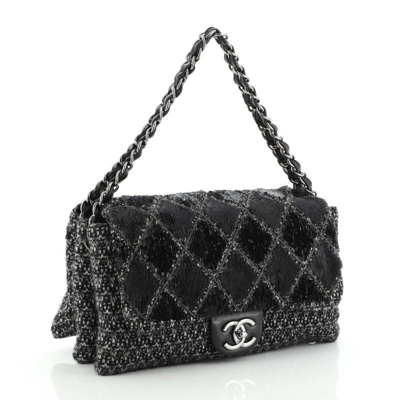 Black Chanel Icons 3 Bag Quilted Embellished Tweed Jumbo