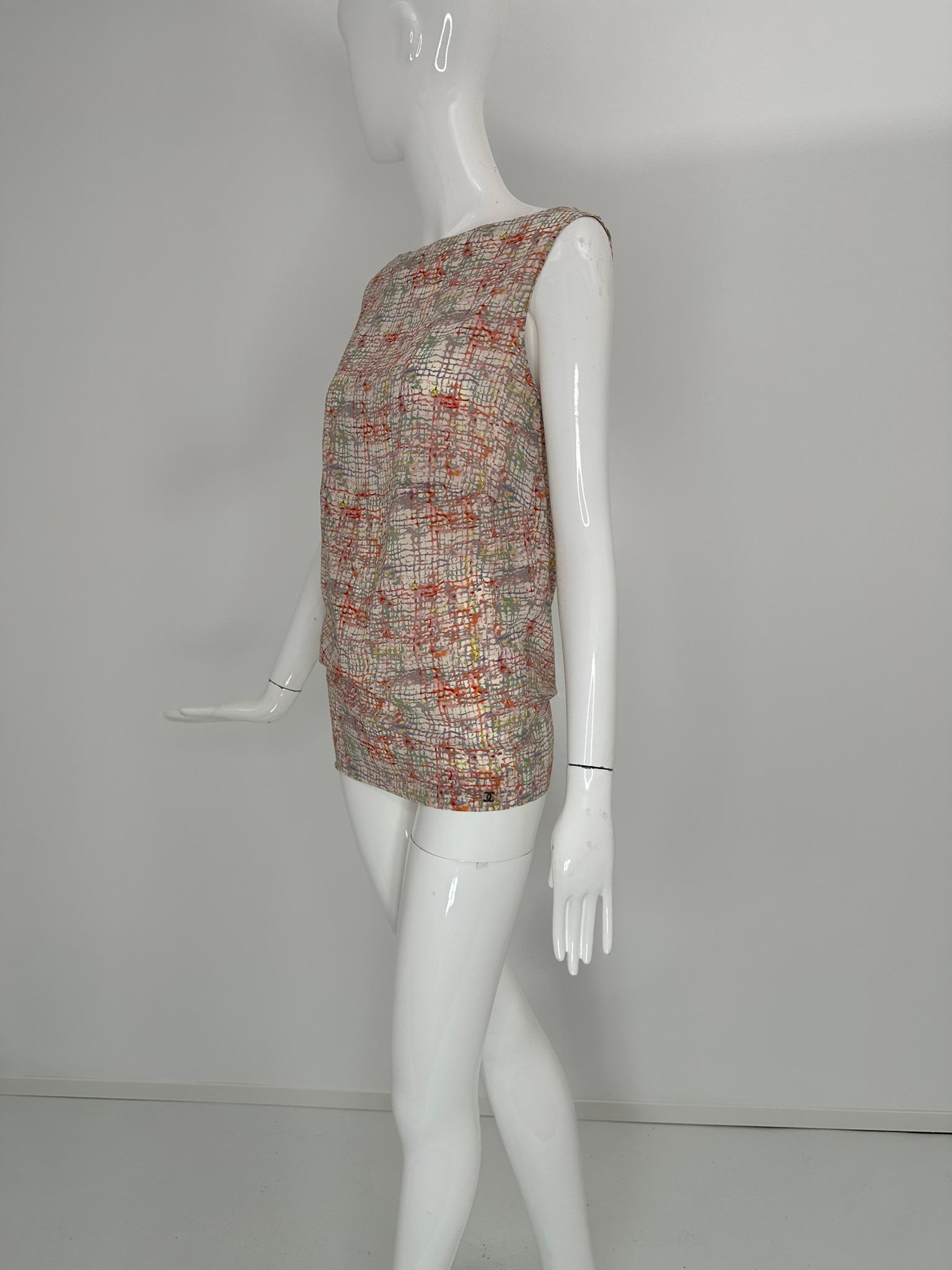 Chanel Identification 1999A Silk Tweed Print Pink Grey Cream Tunic Tank Top 36 en vente 8