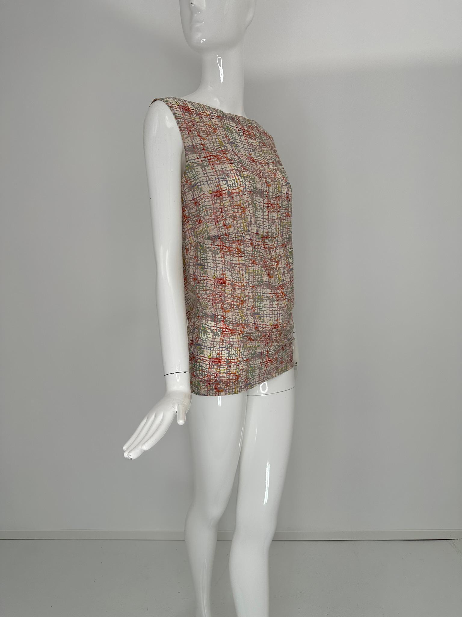 Blanc Chanel Identification 1999A Silk Tweed Print Pink Grey Cream Tunic Tank Top 36 en vente