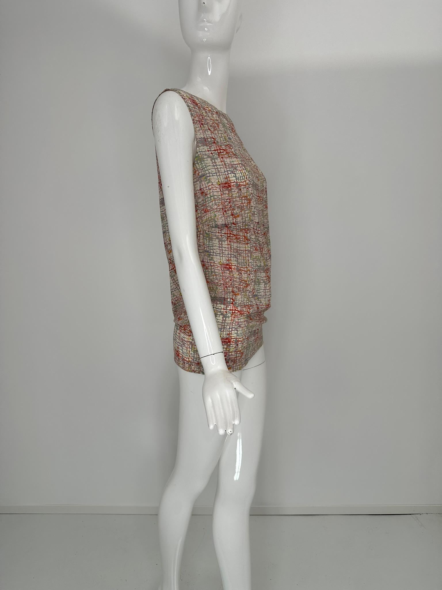 Chanel Identification 1999A Silk Tweed Print Pink Grey Cream Tunic Tank Top 36 Bon état - En vente à West Palm Beach, FL