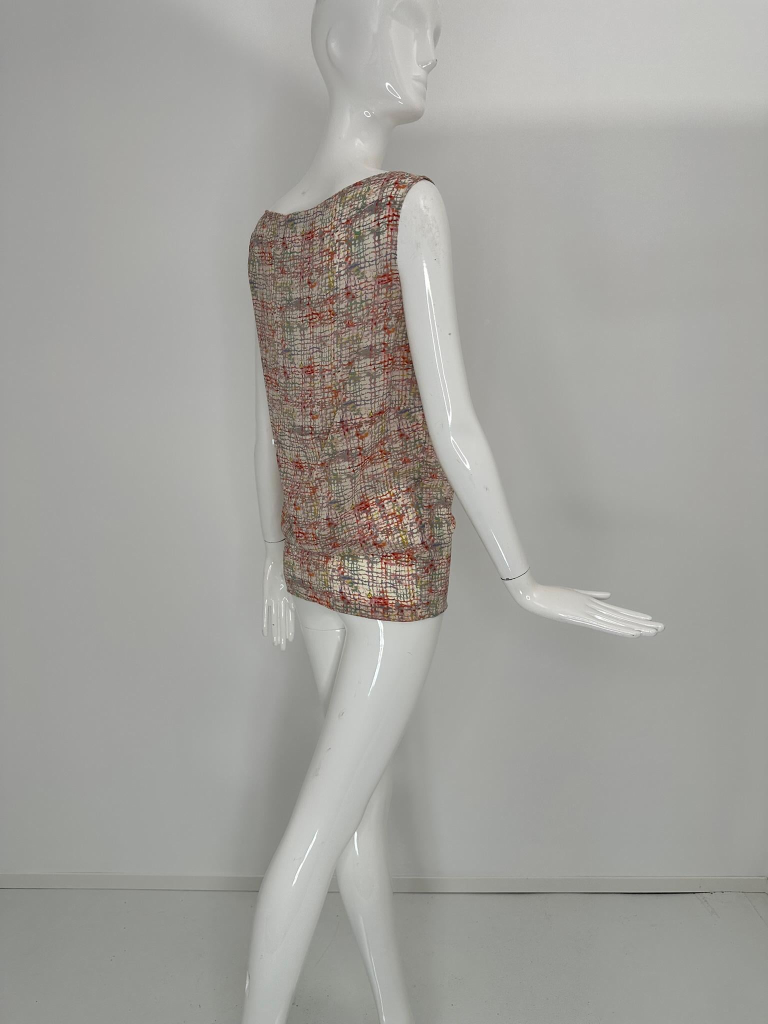 Chanel Identification 1999A Silk Tweed Print Pink Grey Cream Tunic Tank Top 36 en vente 1