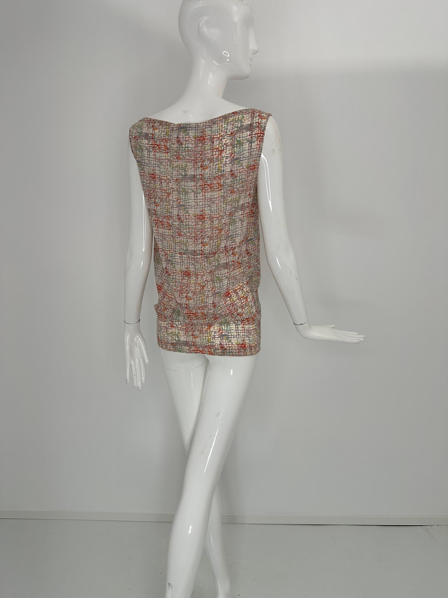 Chanel Identification 1999A Silk Tweed Print Pink Grey Cream Tunic Tank Top 36 en vente 2