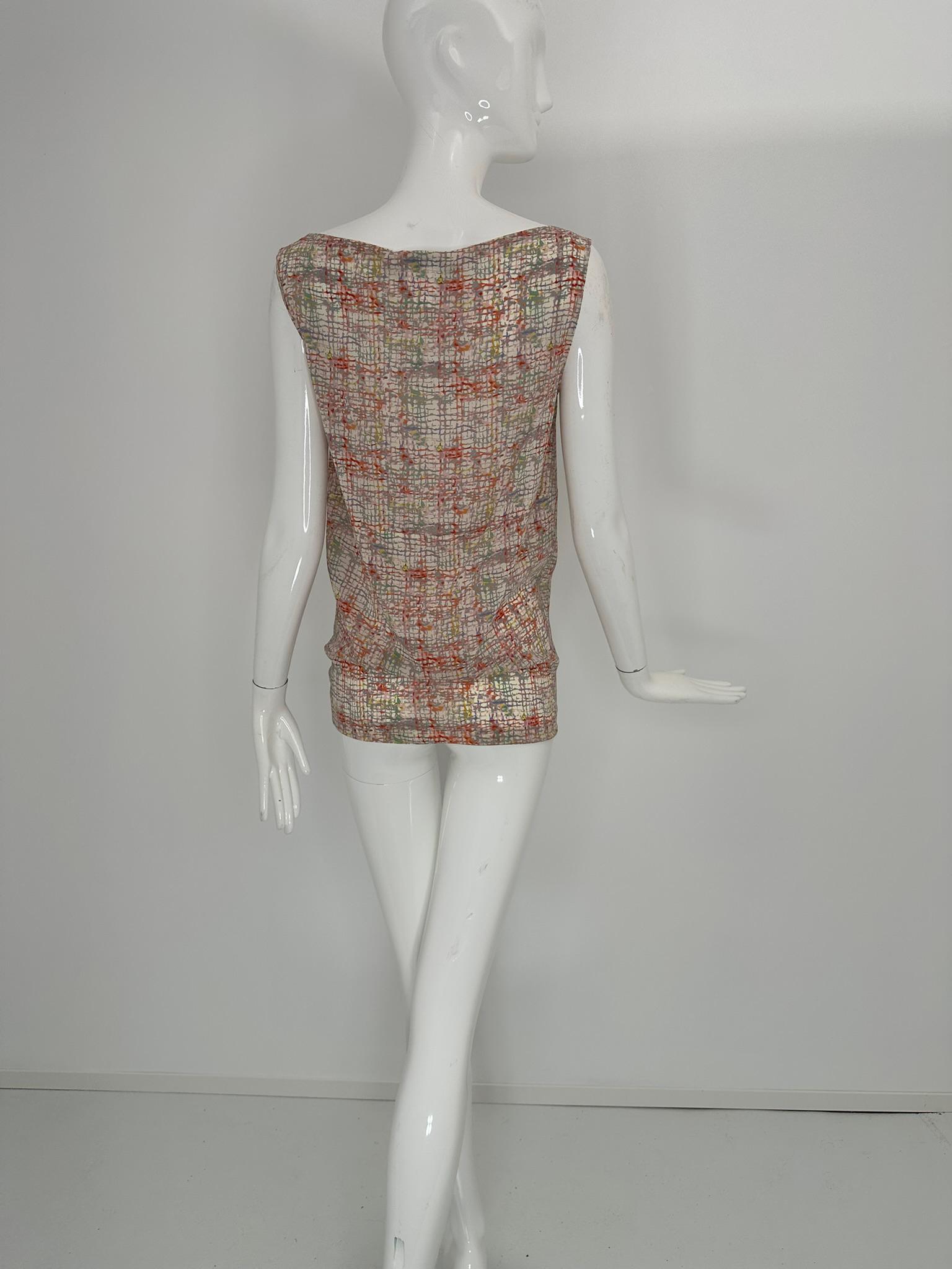 Chanel Identification 1999A Silk Tweed Print Pink Grey Cream Tunic Tank Top 36 en vente 3