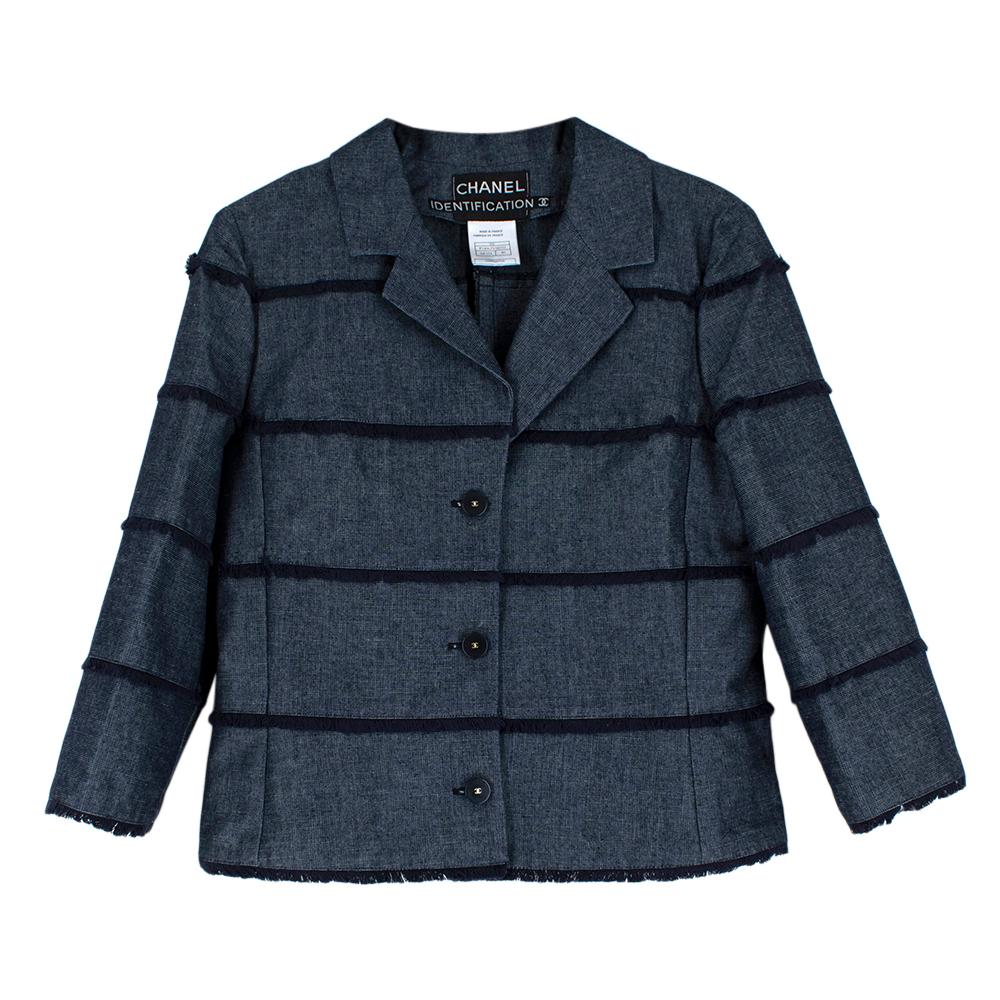 Chanel Identification Blue Denim Fringe Detail Pantsuit

-Gorgeous fringe trimming detail throughout jacket
-Front button fastening
-Iconic CC logo gold detail on buttons
-Notched lapel
-Three-quarter length sleeves
-Back pockets on trousers
-Silver