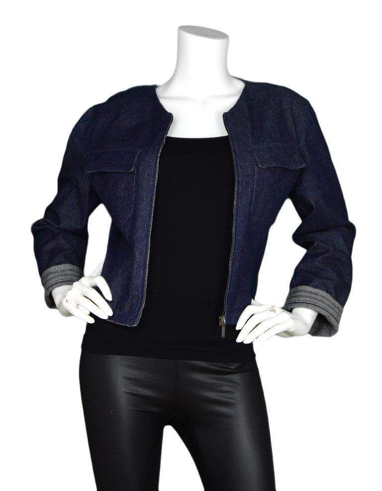 Chanel Identification Blue Denim Glitter Jacket W/ Cuff Sleeves Sz 40