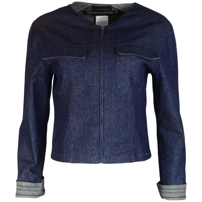 Chanel Identification Blue Denim Glitter Jacket W/ Cuff Sleeves Sz 40 ...