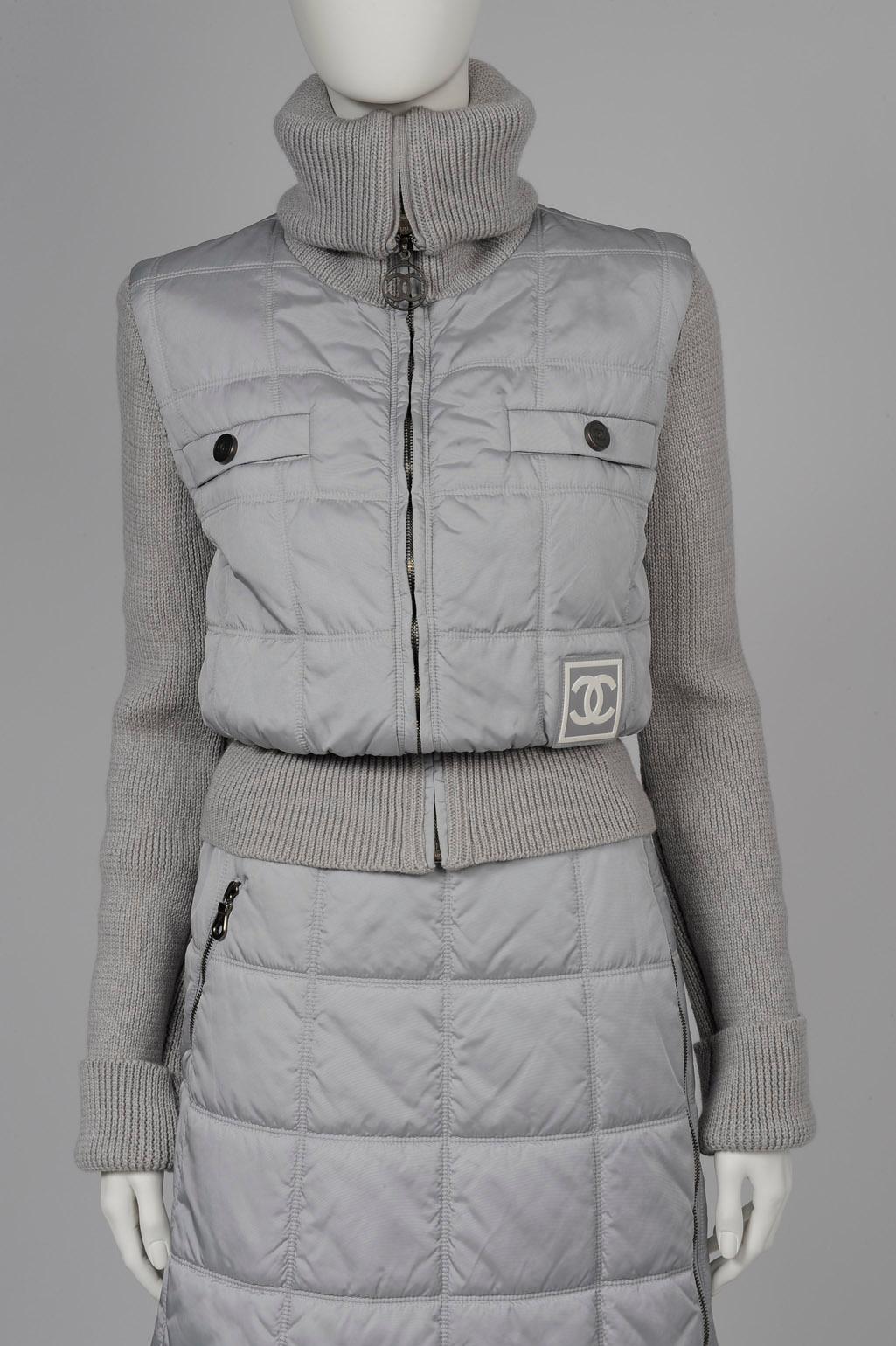 Gray Chanel Identification Runway Quilted Puffer Skirt Suit, Fall-Winter 2000