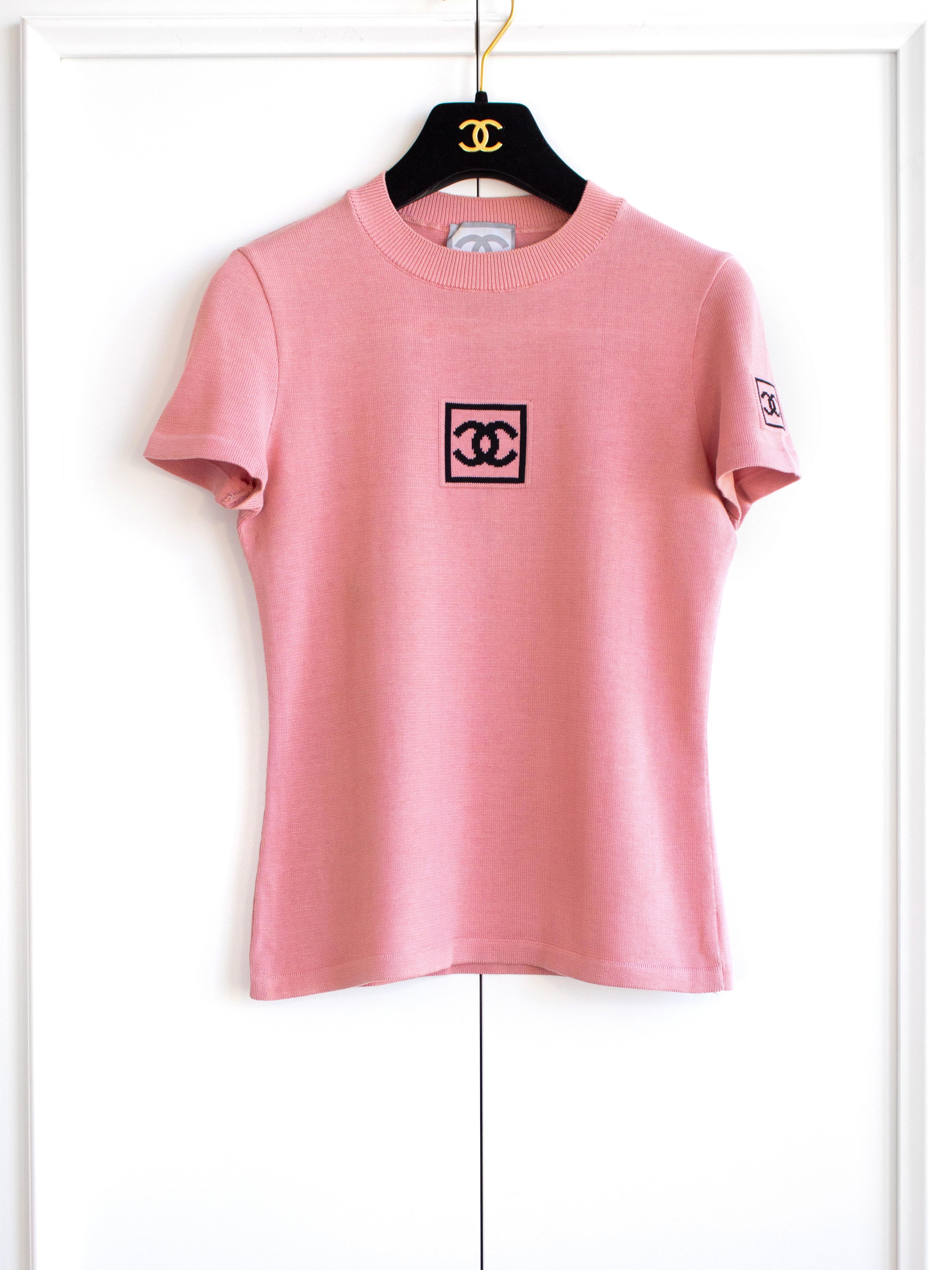 Chanel Identificazione Vintage 2003 Rosa Nero Maglia Logo Y2K CC Top T Shirt