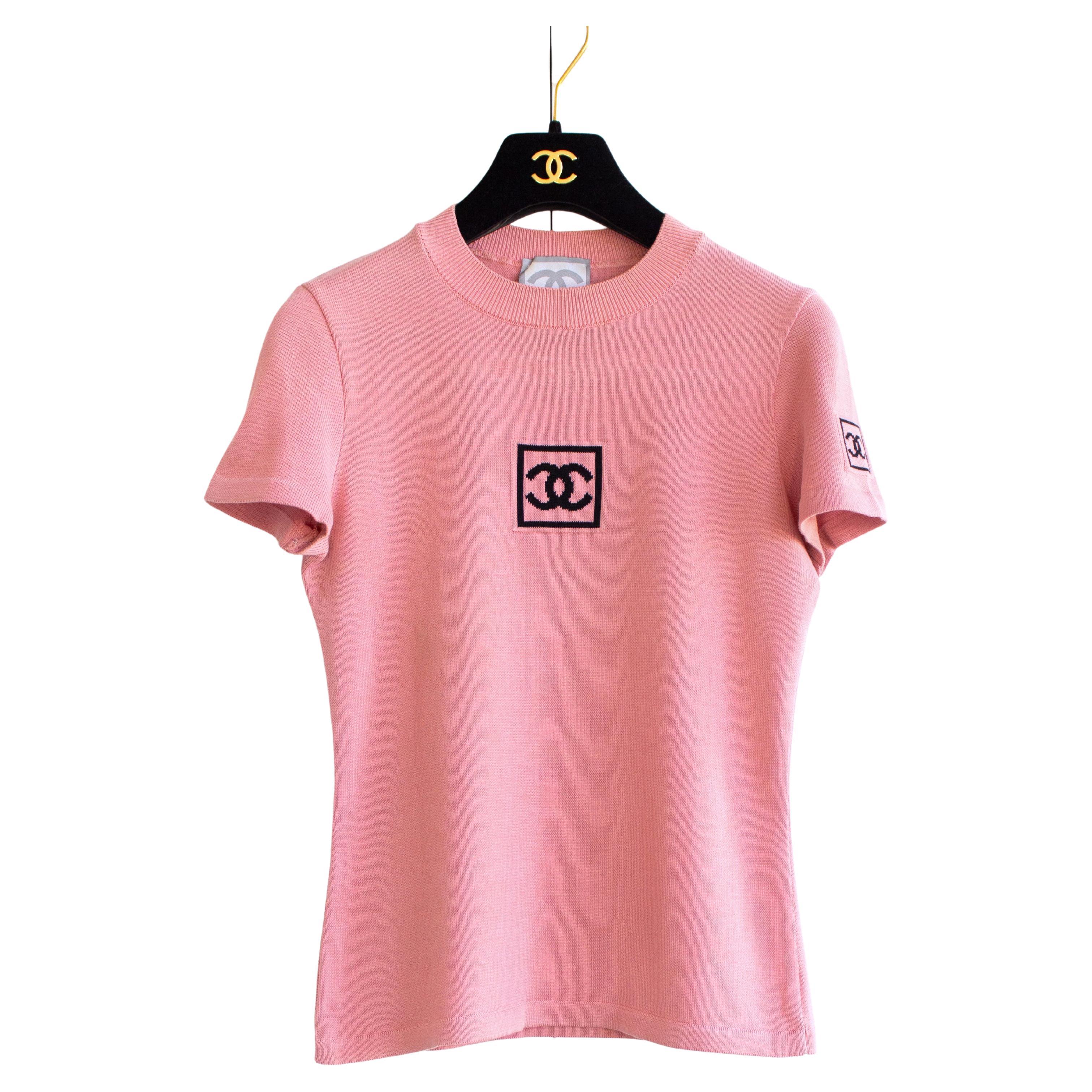 CHANEL Vintage XS/36 Coco Mark Logo Rib Top Pink Cotton Button Ribbed