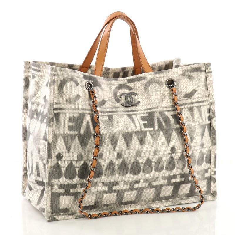 Beige Chanel Iliad Shopping Tote Printed Canvas Medium