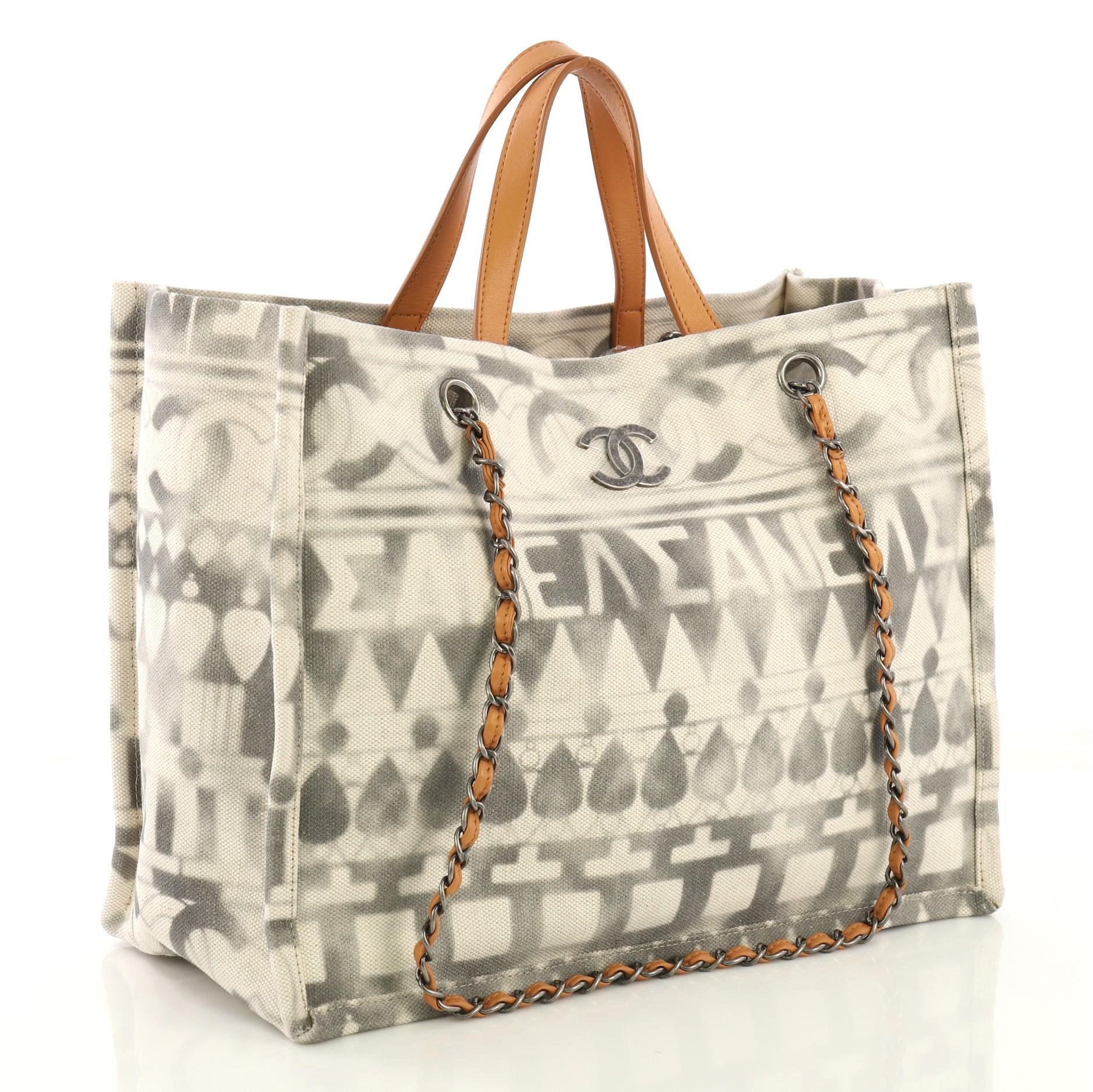 Beige Chanel Iliad Shopping Tote Printed Canvas Medium