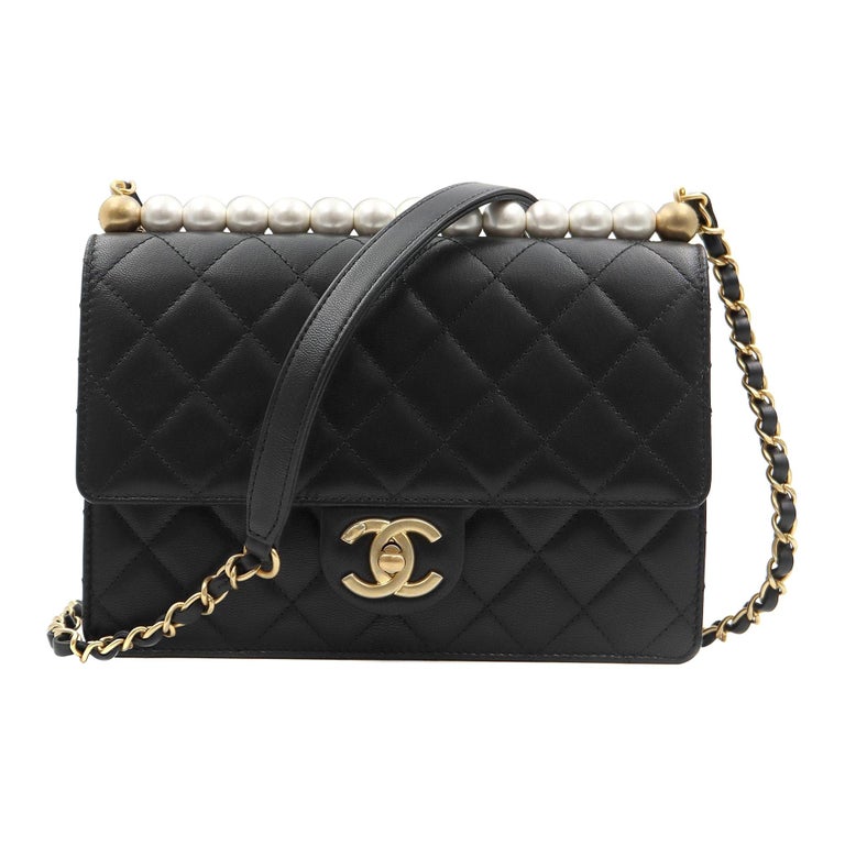 Chanel Imitation Black Goatskin Pearls and Gold-Tone Metal Flap Bag AS0584