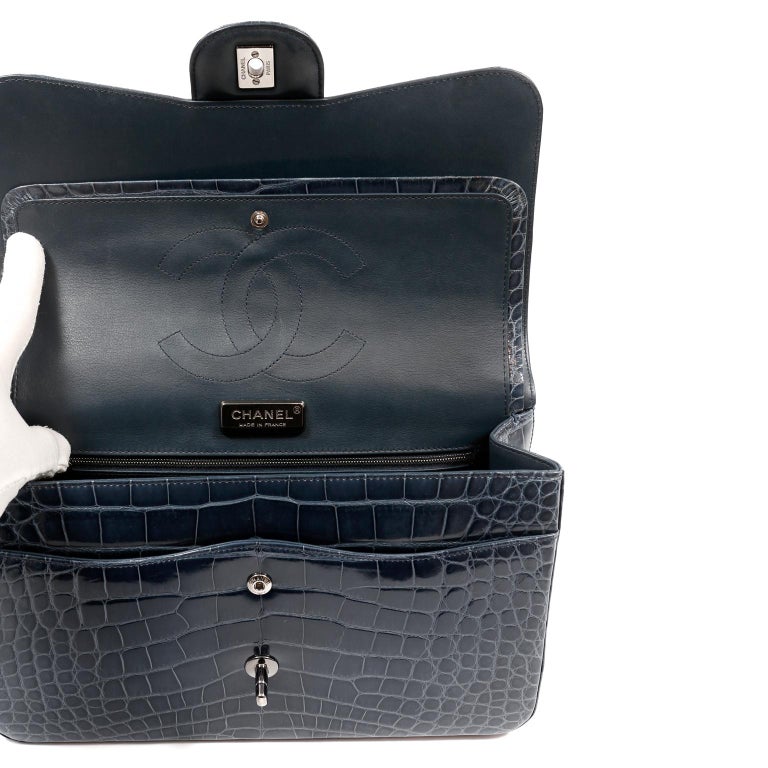 Women's Chanel Indigo Blue Alligator Jumbo Classic Double Flap Bag For Sale
