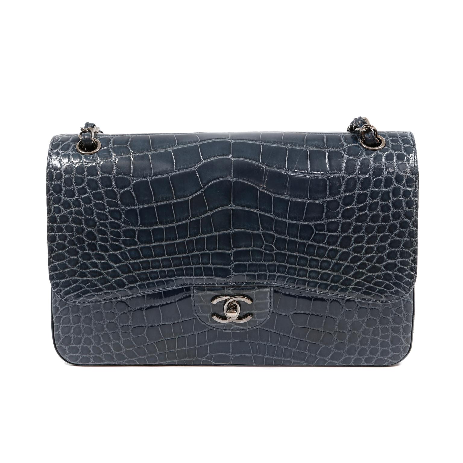 Chanel Indigo Blue Alligator Jumbo Classic Double Flap Bag In Excellent Condition In Palm Beach, FL