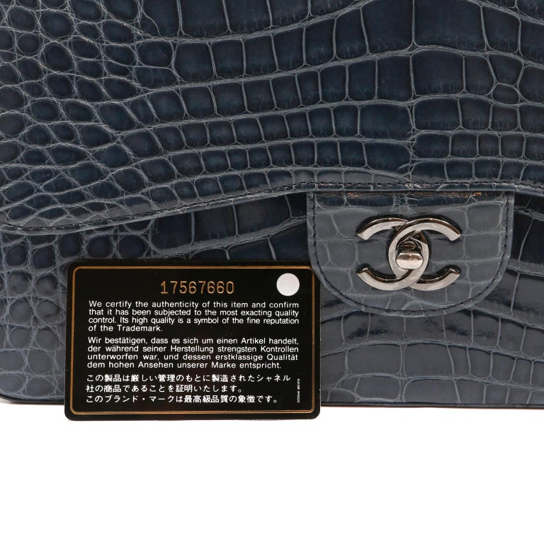 Chanel Indigo Blue Alligator Jumbo Classic Double Flap Bag For Sale 3