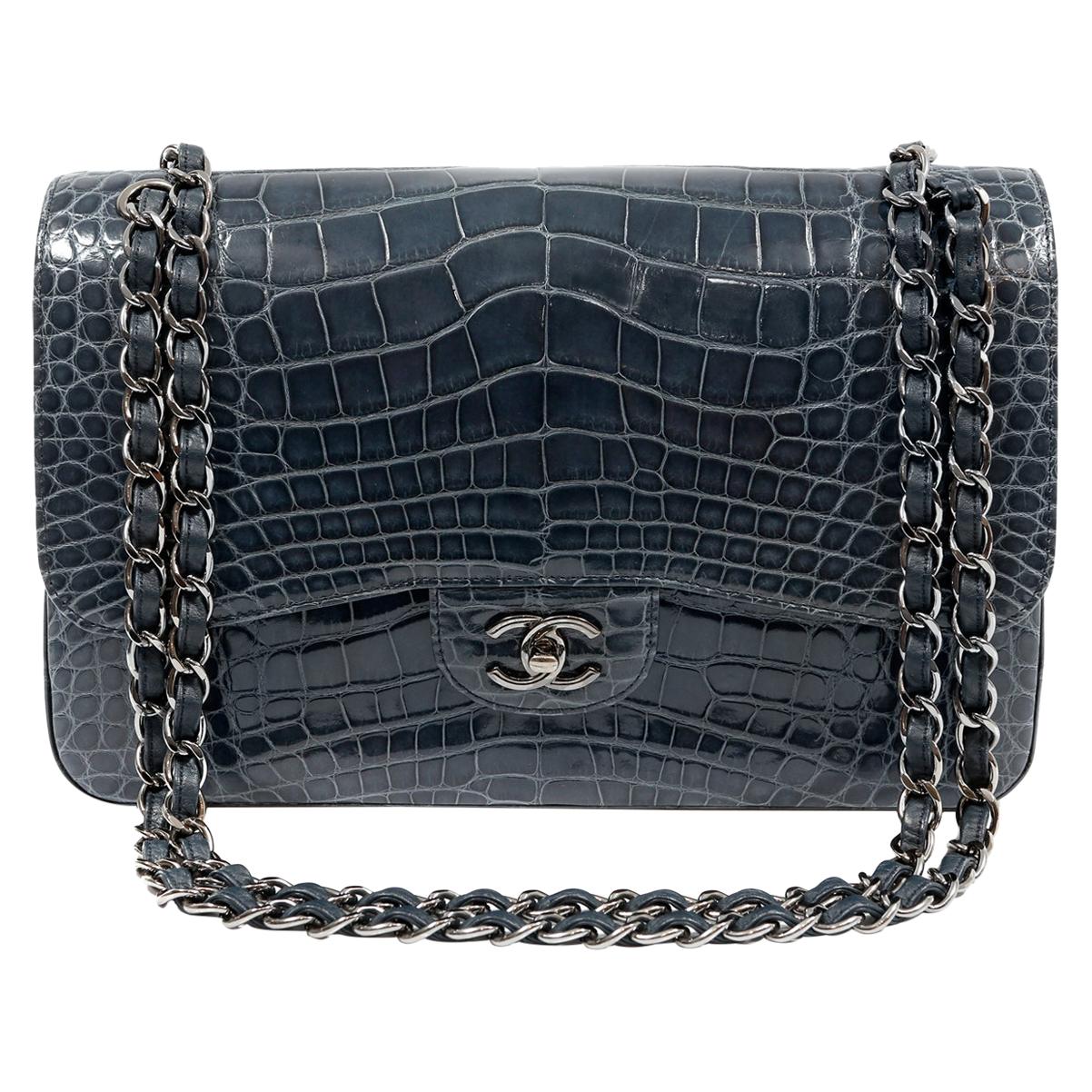 Chanel Indigo Blue Alligator Jumbo Classic Double Flap Bag