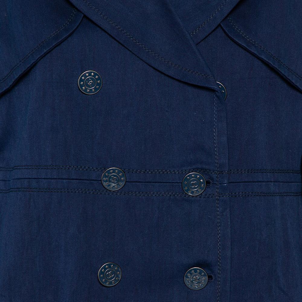 Chanel Indigo Blue Cotton Twill Double Breasted Trench Coat L 1