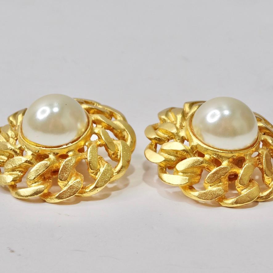 Chanel Inspired 1980s 14K Gold Plated Faux Pearl Earrings For Sale 1